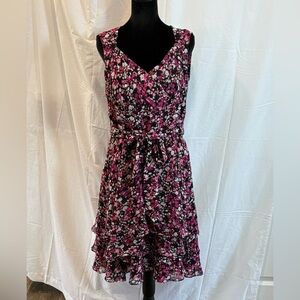 White House Black Market Black and Pink Floral Ruffle Midi Dress